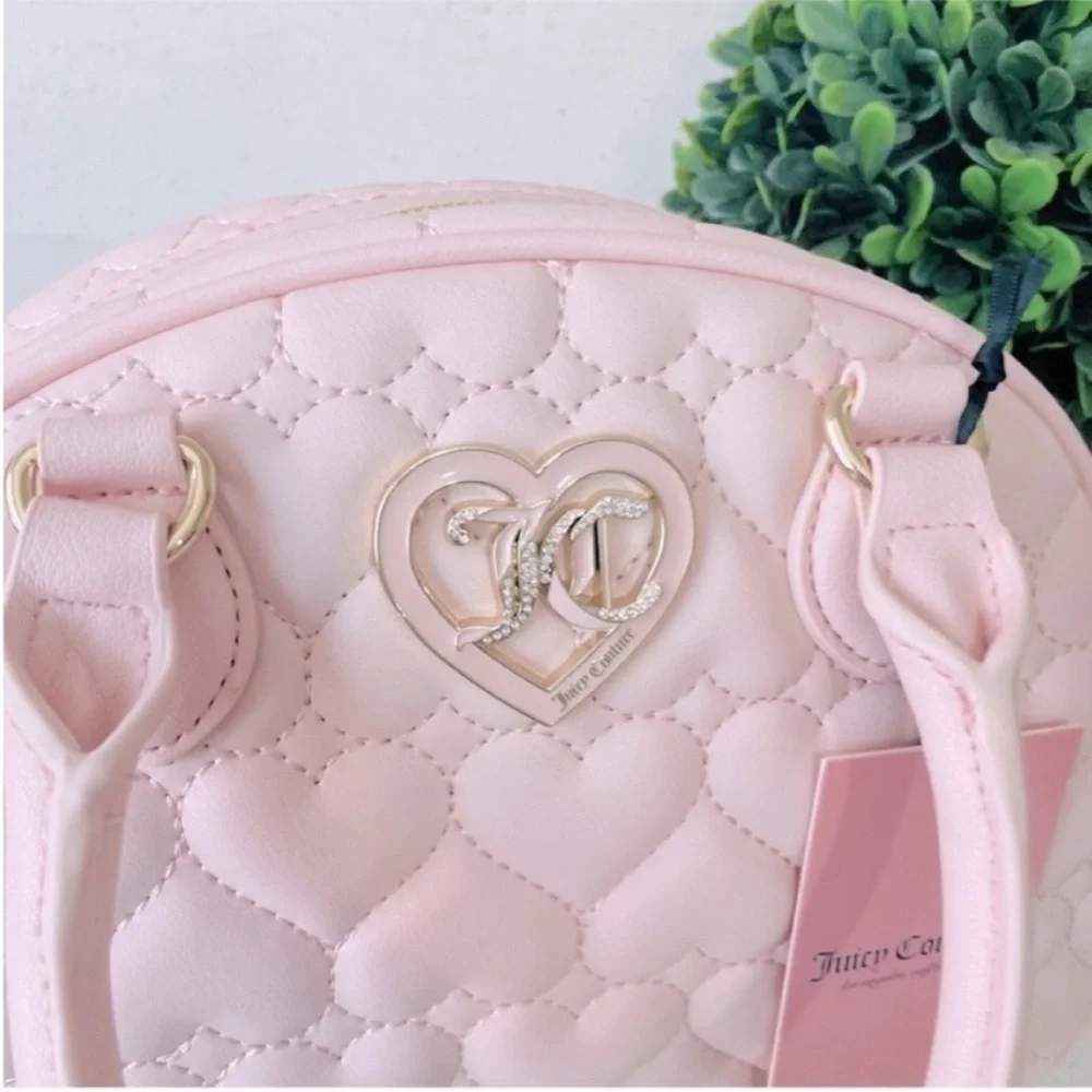 NEW Juicy Couture Pink Heart Quilted‎ Satchel Crossbody Bag Rhinestone JC Logo